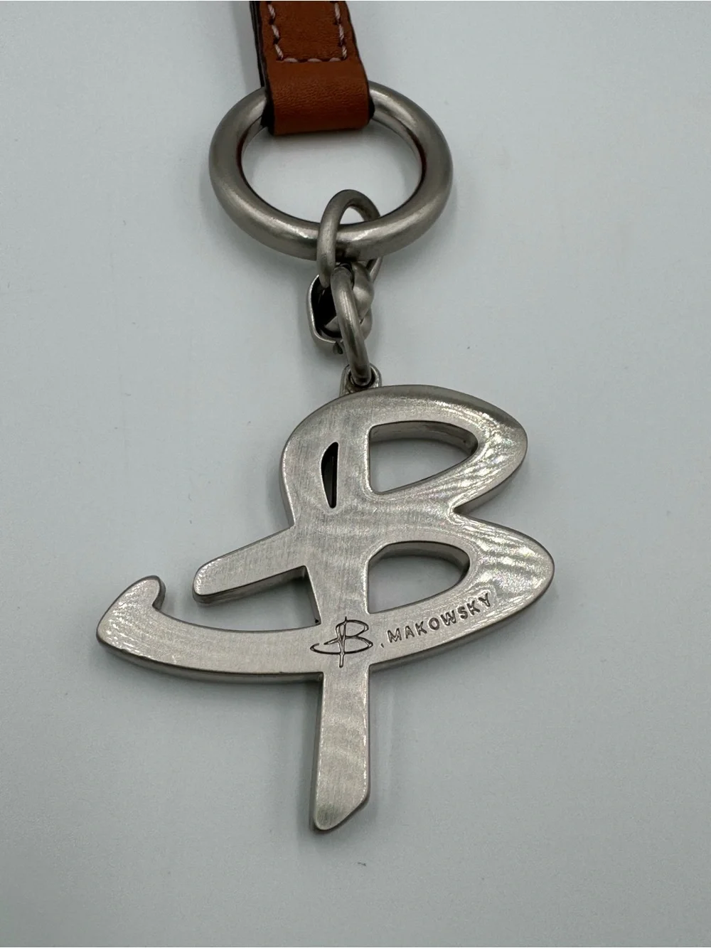 b. makowsky Tan Leather & Silver-Tone Monogram Keychain / Bag Charm